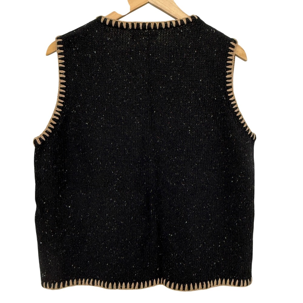 Cabin Creek Vest Womens Large Black Tan Trim Speckled Knit Zip Up Ramie Warm - Picture 8 of 12